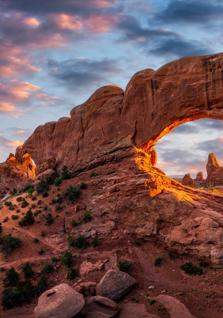 Scenic sky over the North Window arch with Turret Arch in the background from Utah's Arches National Park